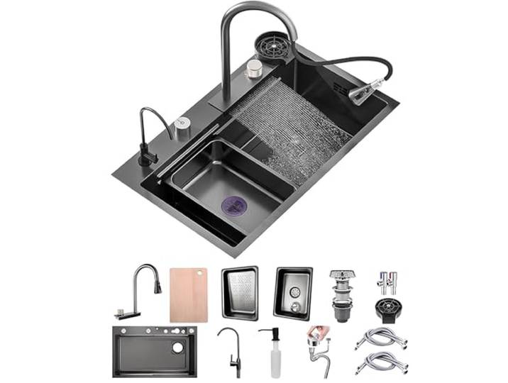 50cm Breite Küchenspüle Edelstahl Rechteck, Wasserfall Spüle, Spüle Küchemit Hahnloch Und Überlauf，Siphon, Multifunktionale Barspüle, Küche Arbeitsstation(Black-Grey B,85x50cm)