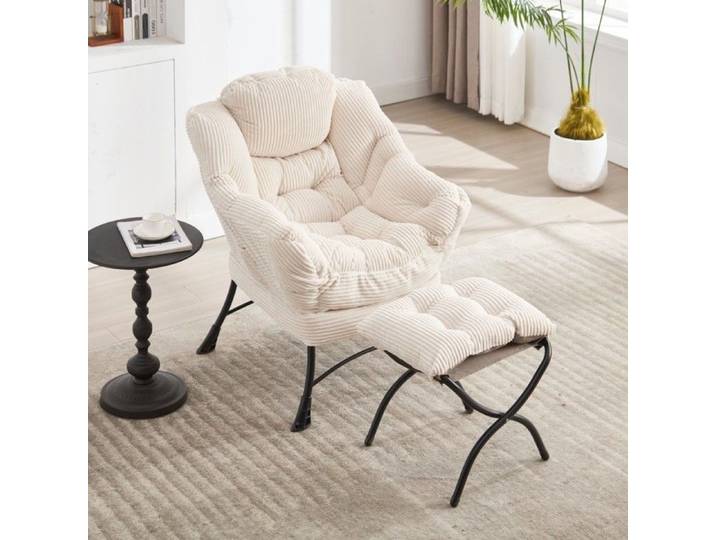 Fauteuil détente blanc moderne - repose-pieds - accoudoirs poche - lecture - petit espace salon - confortable - appoint