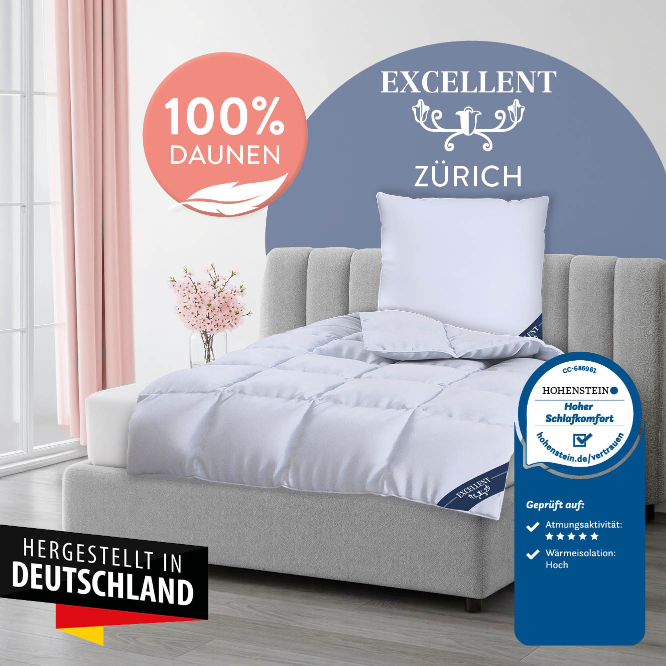 Daunenbettdecke EXCELLENT "Zürich, Bettdecke normal mit Bestnote "Hoher Schlafkomfort" bewertet.", weiss (weiß), B:200cm L:200cm, Bezug: 100% Baumwolle. Füllung: 100% Daunen, Bettdecken, Daunenbettdecke, Bettdecke 135x200 cm, 155x220cm und weitere Grössen