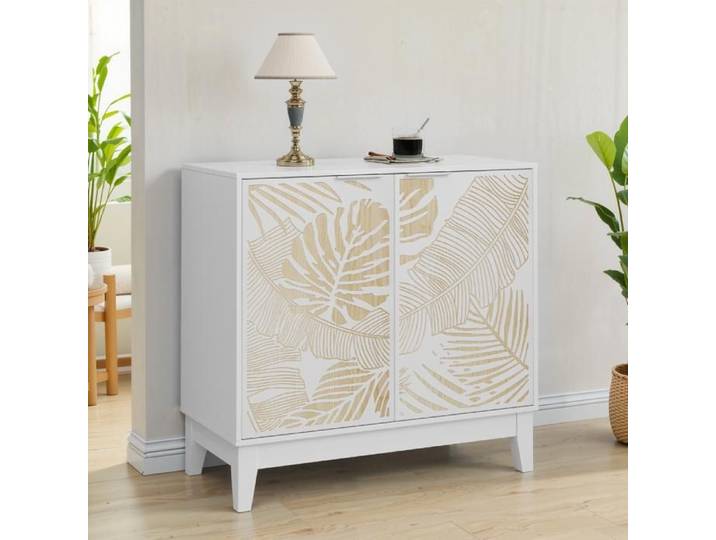 Buffet vintage Logidon 80 cm blanc avec sculptures 2 portes