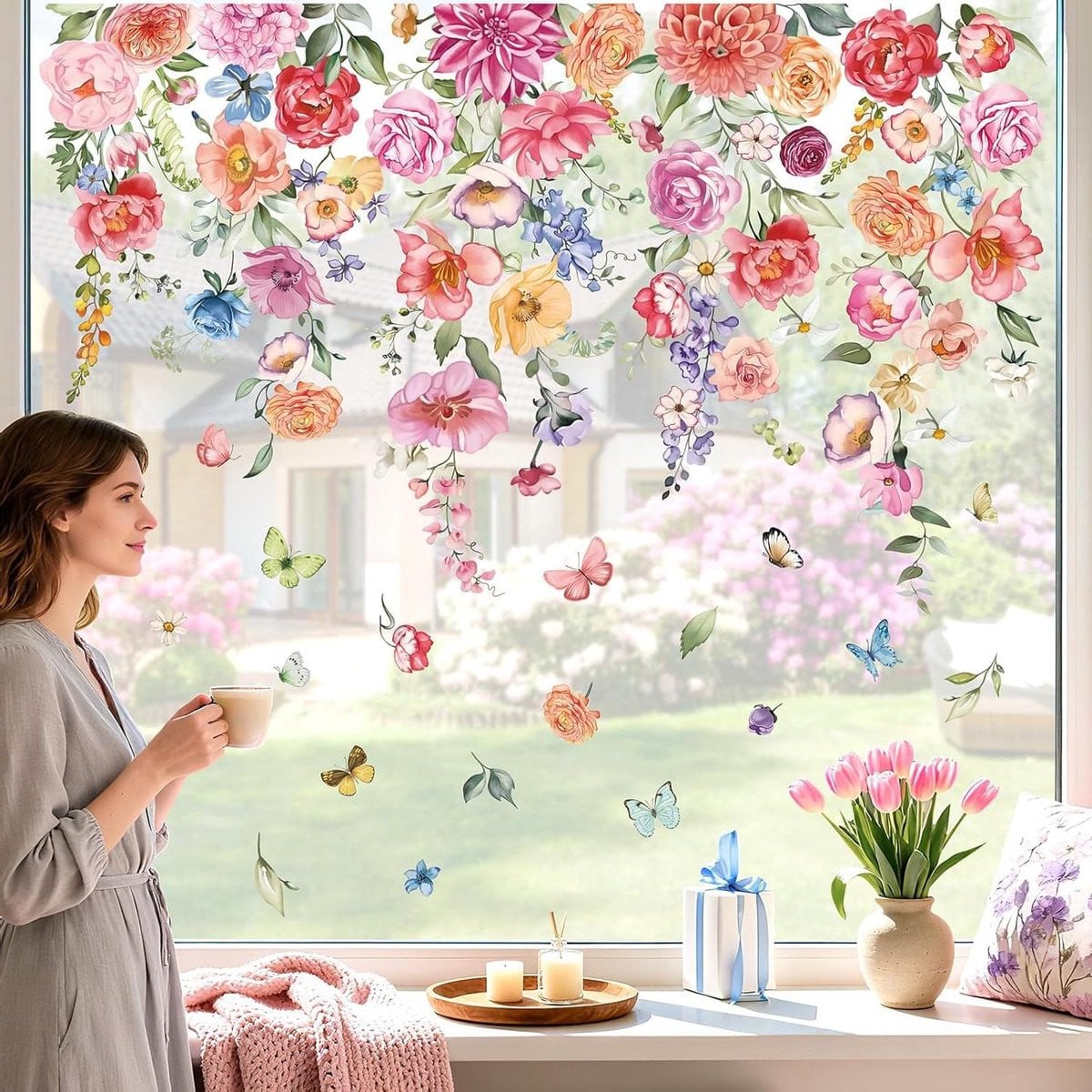 9 vellen Raamstickers Bloemen Lente - Dubbelzijdig Bedrukte Glasdecoratie - Roze Bloem - 20 x 30 cm
