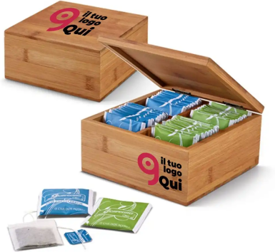 Scatola tè bamboo Gorreana con 40 dosi assortite, nero e verde Personalizzate o neutre