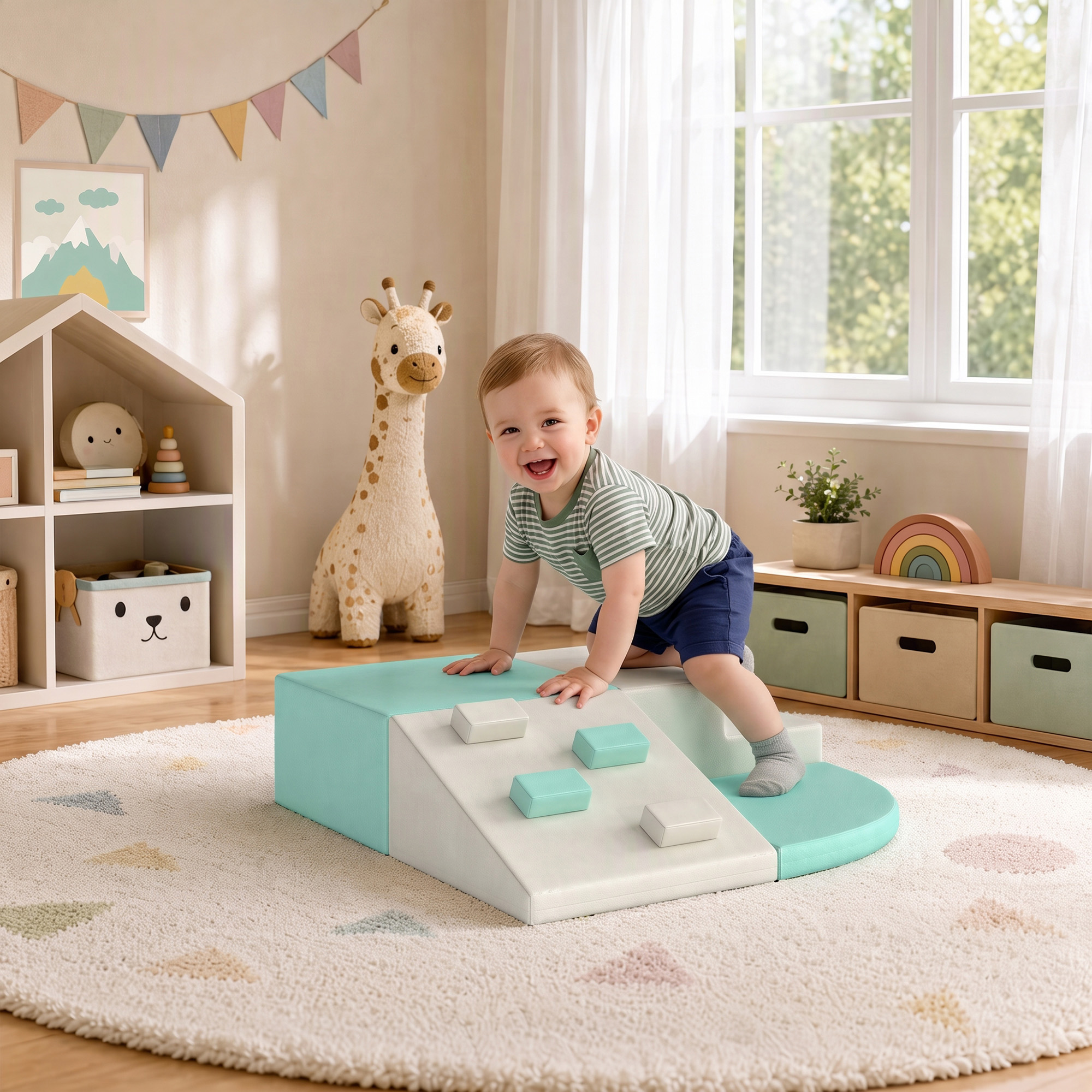 Aiyaplay Set di 4 Costruzioni Morbide per Bambini 1-3 Anni in Pelle PU e EPE, Verde Chiaro e Beige   Aosom Italy