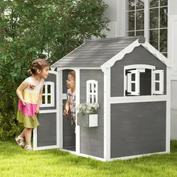 SPIELHAUS für Kinder, Indoor- und Outdoor-Haus mit Tür, Fenstern, Grau