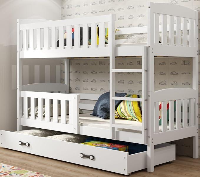 Etagenbett 190x90 cm Hochbett Stockbett mit Schublade Holzbett Kiefernholz Kinderbett Jugenbett mit Lattenrost und Rausfallschutz (weiß, 190x90)