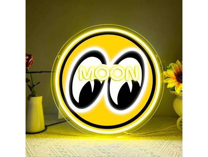 Enseigne néon LED à intensité variable Lune et Yeux pour Garage, Caverne du Homme, Chambre d'Enfant, Décoration Murale, Cadeaux Personnalisés, Luminaire Mural