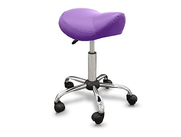 QUIRUMED Pony-Hocker, ergonomisch, mit Stahlgestell, Farbe Lila, Kunstlederpolsterung, höhenverstellbar, gepolsterter Sitz, drehbare Räder, bis 150 kg