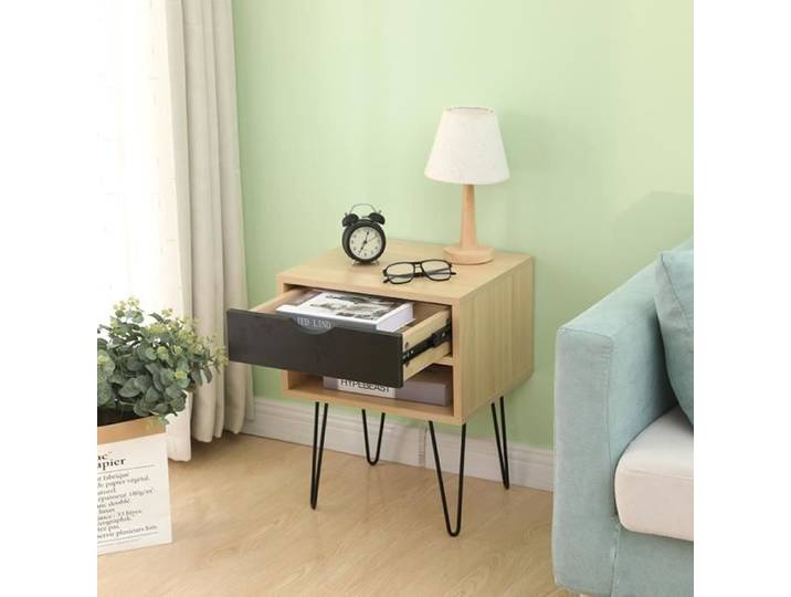 Table de chevet - HOMEWELL - YIYI - Design industriel - Pieds en fer - Couleur grain de bois