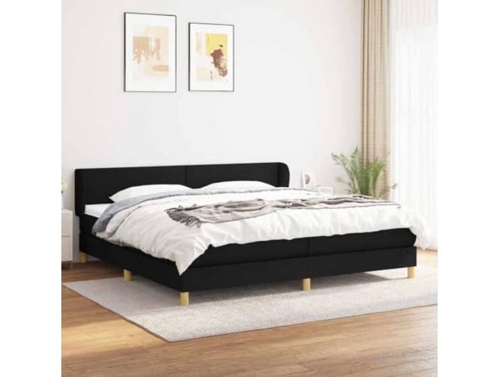 Boxspringbett Schwarz 203 x 203 x 78 cm aus Holzwerkstoff schlichtes Design Stoffbezug 100% Polyester, höhenverstellbares Kopfteil mit Ohren, 2 Taschenfederkernmatratzen, Topper 203 x 203 x 78 cm, fürs