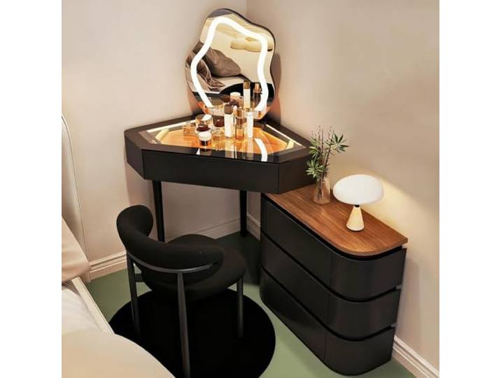 Dalumian Eck-Schminktisch, Frisiertisch mit Schmuckablagen Schminktisch aus Holz mit Tischplatte aus gehärtetem Glas, Schublade und Seitenschrank(Black,60cm)