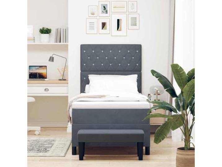 KTHLBRH Boxspringbett mit Kopfteil dunkelgrau 200 x 90 cm Samt Struktur aus Holz, Matratze aus mittelfestem Schaumstoff, modernes Design