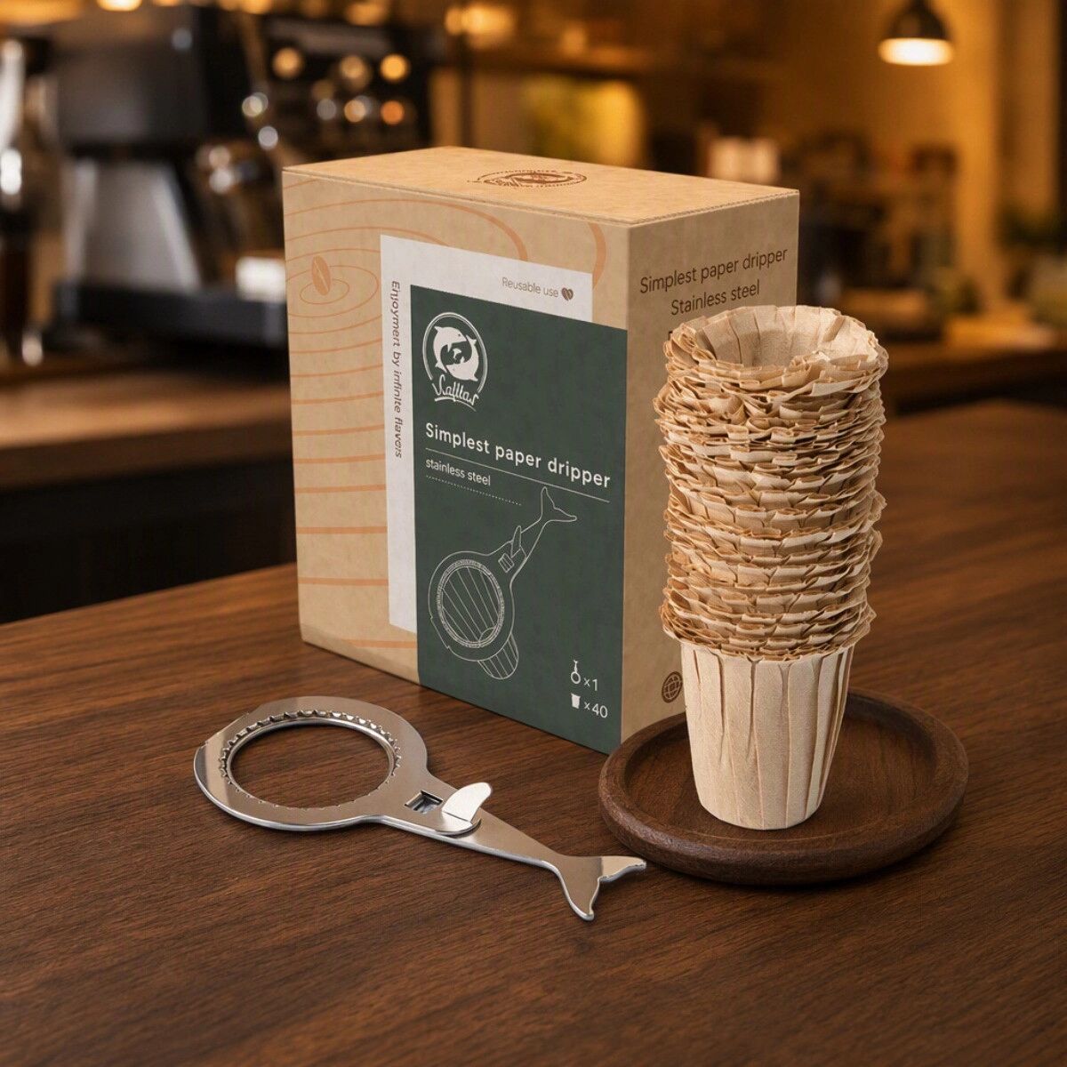 INF Porte-gobelet à café nomade pour versement avec 40 filtres en papier, acier inoxydable et filtration par égouttement