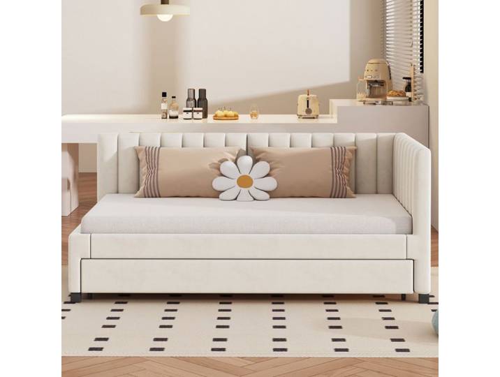 Canapé-lit gigogne multifonction 90x200 velours beige - Sommier lattes - Lit d'appoint enfant & jeune - Rembourré (sans Matelas)