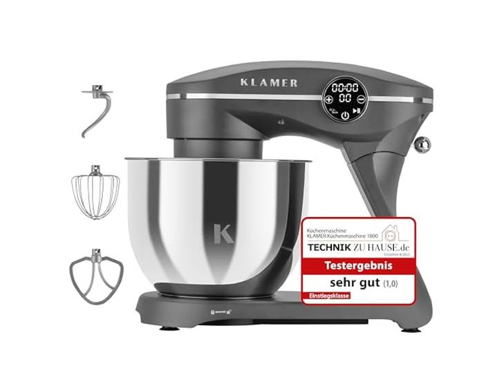 KLAMER Küchenmaschine 1800W, Knetmaschine Brotteig mit 6L Edelstahlschüssel 10 Geschwindigkeiten und Timer, Planetenrührwerk, Knethaken, Flachrührer und Schneebesen, transparenter Sichtdeckel
