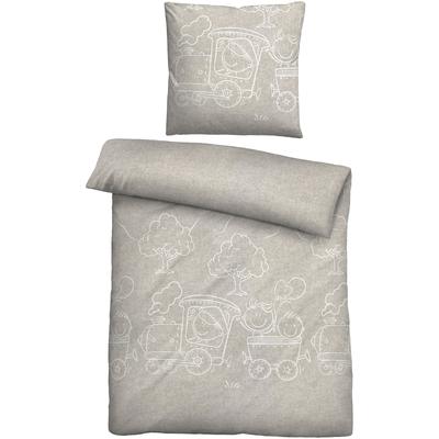 Kinderbettwäsche BIBERNA "0840521 Eisenbahn, Zug", beige (kitt), B/L: 135cm x 200cm, 1 Stk., 1 Stk., Flanell, B/L: 80cm x 80cm, 2 Stk., Flanell, Obermaterial: 100% Baumwolle, Bettwäsche, kuschelig warm, samtweich, Melange, 100% Baumwolle, made in...