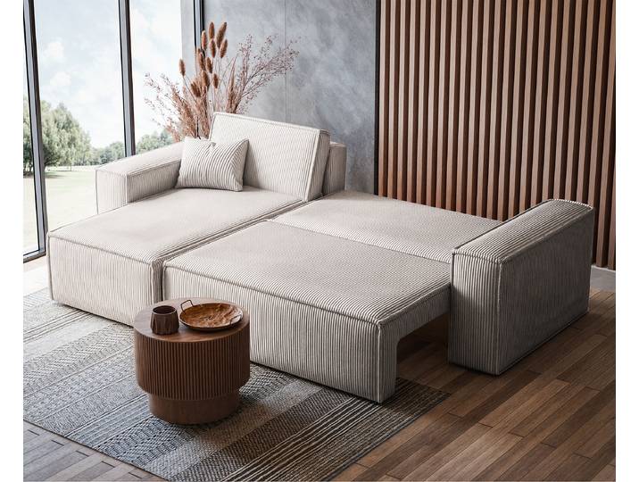 Ecksofa mit Schlaffunktion Beige/Beige Cord 244 x 83 x 145cm Longchair beidseitig montierbar mit Schlaffunktion Modern
