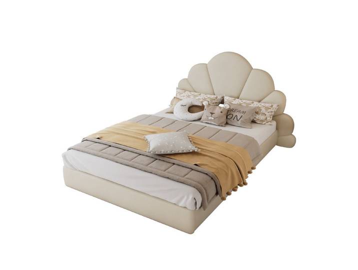 i@home Polsterbett Doppelbett, Samt, Weiß, 140x200cm, Kopfteil mit geschwungenen Blütenblättern