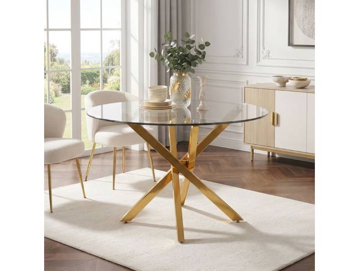Table à manger - WESTYLE - 80x80x75 cm - Ronde - Plateau verre trempé - Pieds dorés
