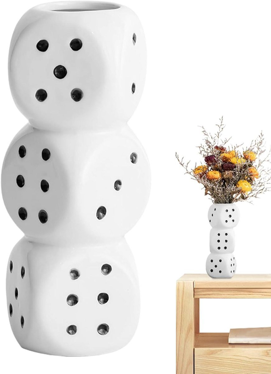 Wit Kubus Vaas met Dobbelsteen Design, Hoogte: 17 cm