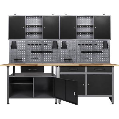 Werkstatt-Set ONDIS24, schwarz (anthrazit, schwarz, grau), B:240cm H:205cm T:60cm, Metall, Werkbänke, 2x Werkbank, 2x Werstattschrank, 2x Lochwand