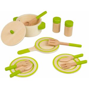 Idena Kinderküchen-Zubehör Kleine Küchenmeister, Topf, Pfanne und Geschirr, aus Holz, 13-teilig