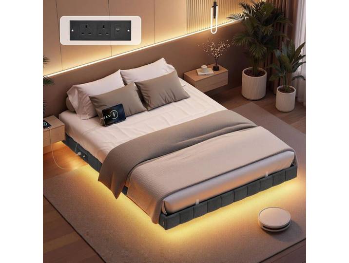 Floating Bed 140 x 190 cm Soft Upholstery LED Lighting