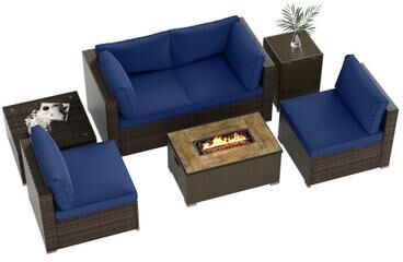 Costway 7 Pieces Outdoor Furniture Set with 32 Inch Fire Pit Table and Propane Tank Cover-Navy