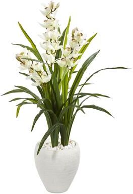 Nearly Natural 4' Cymbidium Orchid Artificial Plant in White Planter