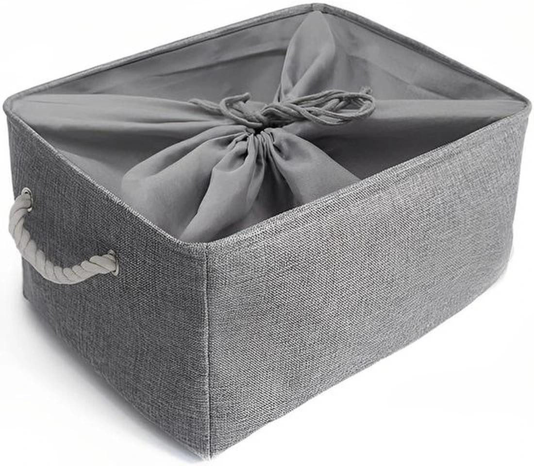 Azomor Opvouwbare grijze linnen opbergbox met trekkoordhandgrepen, jumboformaat