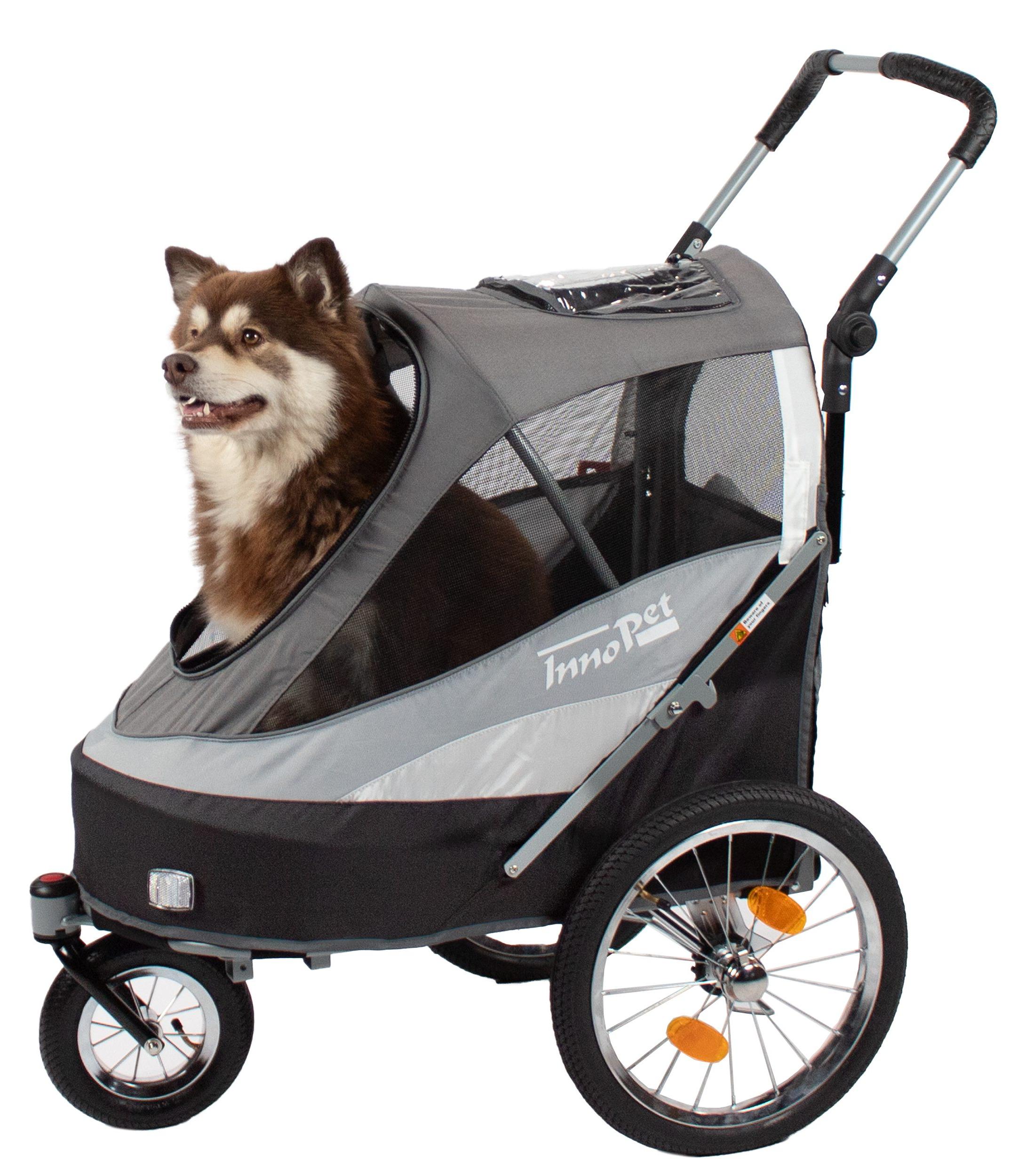 Hundeanhänger Fahrrad & Hundebuggy InnoPet Sporty Trailer Deluxe - 2 in 1 Fahrradanhänger für Hunde - Schwarz/Silber - mit Regenschutz, Deichsel & Fahrradkit, Faltbarer Hundewagen