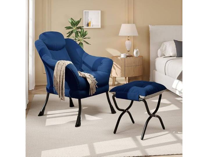 Fauteuil avec ottoman -TOYS S-Fauteuil Salon avec Repose-Pieds-Pliant Charge 150KG-BLEU