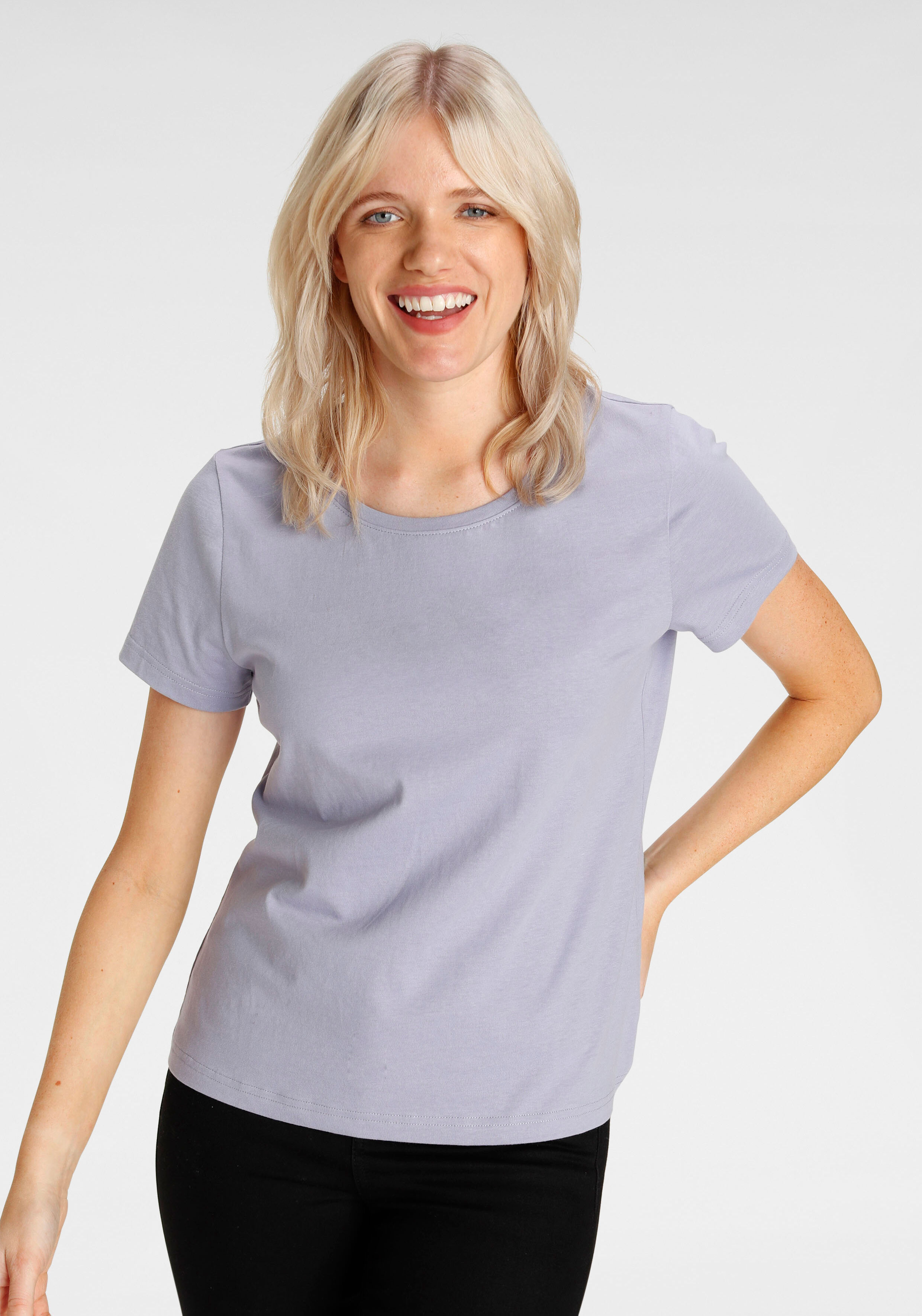 T-Shirt EASTWIND, Damen, Gr. 36/38, bunt (grü, lav, weiß), Single Jersey, Obermaterial: 100% Baumwolle, clean, unifarben, Basic, figurumspielend hüftlang, abgesteppt, Shirts T-Shirt, Kurzarm, hüftlang, für die Freizeit, aus Baumwolle grü, lav, weiß 36/38