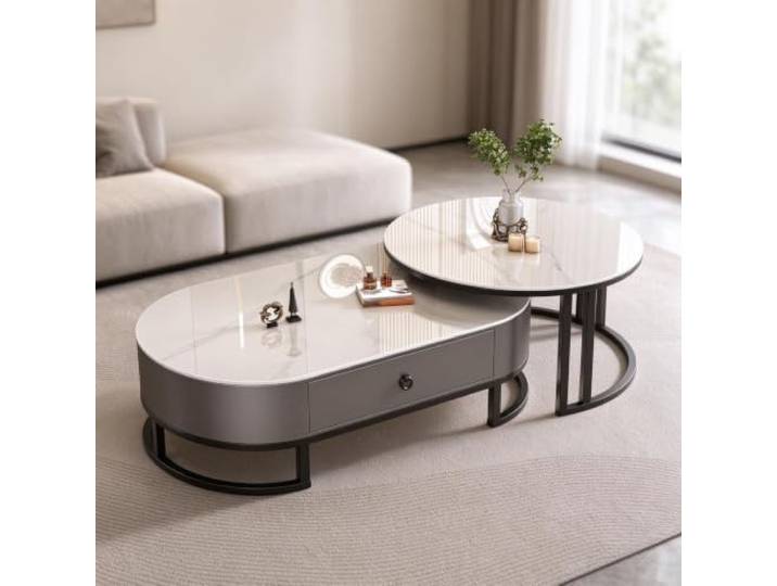 YHTCSXMD Ausziehbarer Couchtisch mit Steinplatte und Schublade Nesting Design, Steinplatte, Stahlrahmen, Holzschublade, couchtisch rund, couchtisch modern, Wohnzimmer