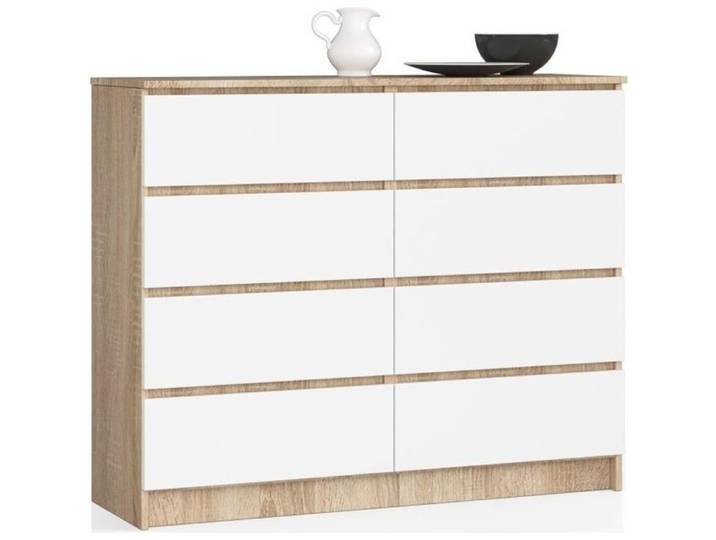 Commode AKORD K120 Chêne Sonoma 120 cm 8 tiroirs façade Blanche 120x40x99 cm