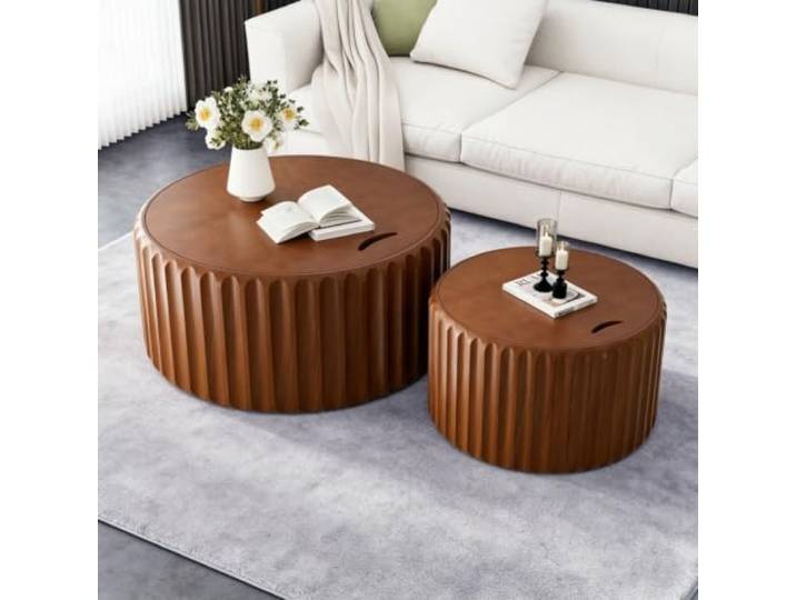Rundes Couchtisch-Set (2-Teilig), Beistelltische Aus Holz Mit Stauraum