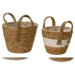 KSD 2 Blumentöpfe geflochten 14-17cm - Übertopf Blumen Pflanzen Korb mit Henkel Flechtkorb Aufbewahrung Blumenkorb Pflanzenkorb Indoor Deko Natur Weiß