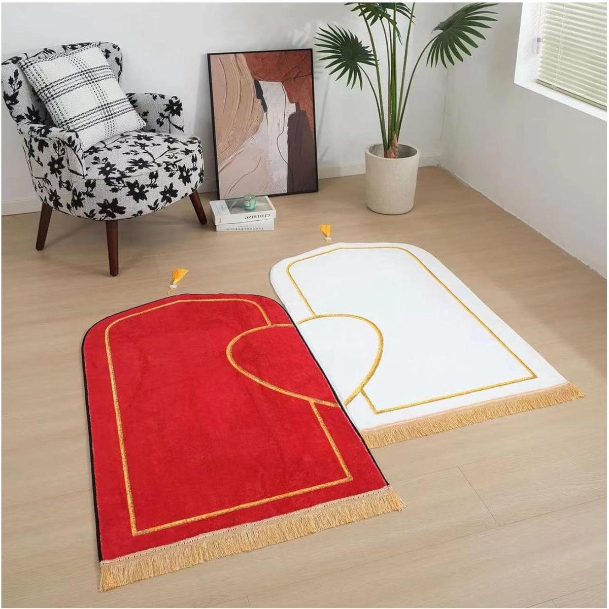 Gebedskleed voor bidden en mediteren in wit en rood met imitatiekasjmier, 70 x 110 cm