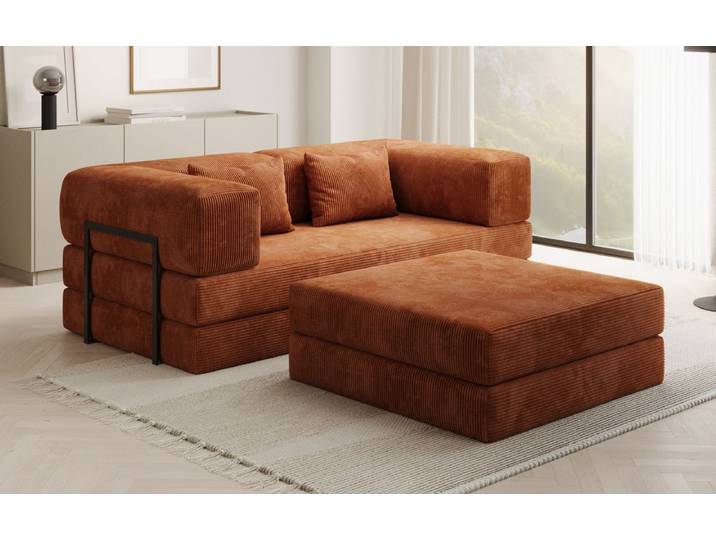 Lazy Spar-Set: 3-Sitzer + Hocker in Cord - Orange - Cord - Luxusbetten24