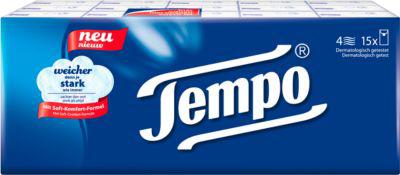 Taschentücher Tempo® Original, 4-lagig, dermatologisch getestet, waschmaschinenfest, Zellstoff, weiß, 15 Päckchen á 10 Tücher