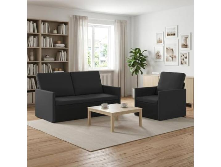 Sofa-Set 2 pcs Schwarz Stoff Moderner Look, Metallrahmen, Schaumstofffüllung, Polyesterstoff, Kissen-Rücken, Montageanleitung