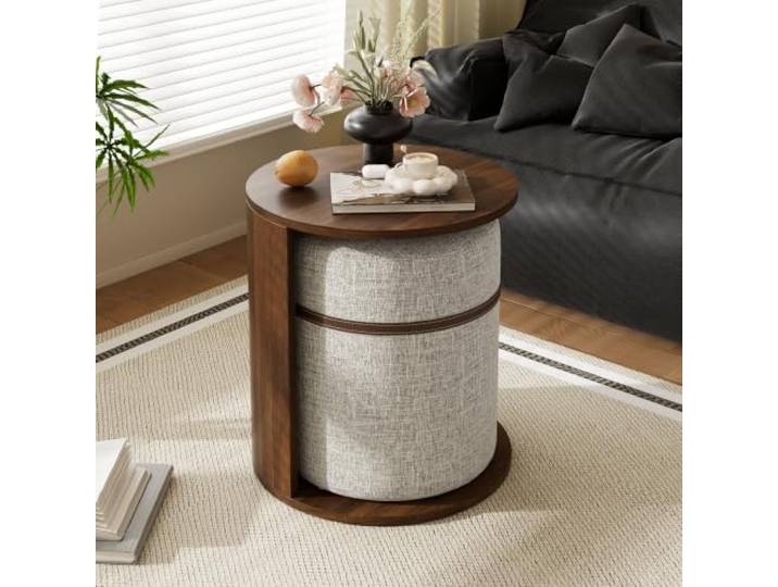 BXEYXE Beistelltisch mit Hocker Set Rund Couchtisch Nachttisch Sofatisch Ablagetisch mit Stauraum MDF Holzoptik Modernes Wohnzimmermöbel