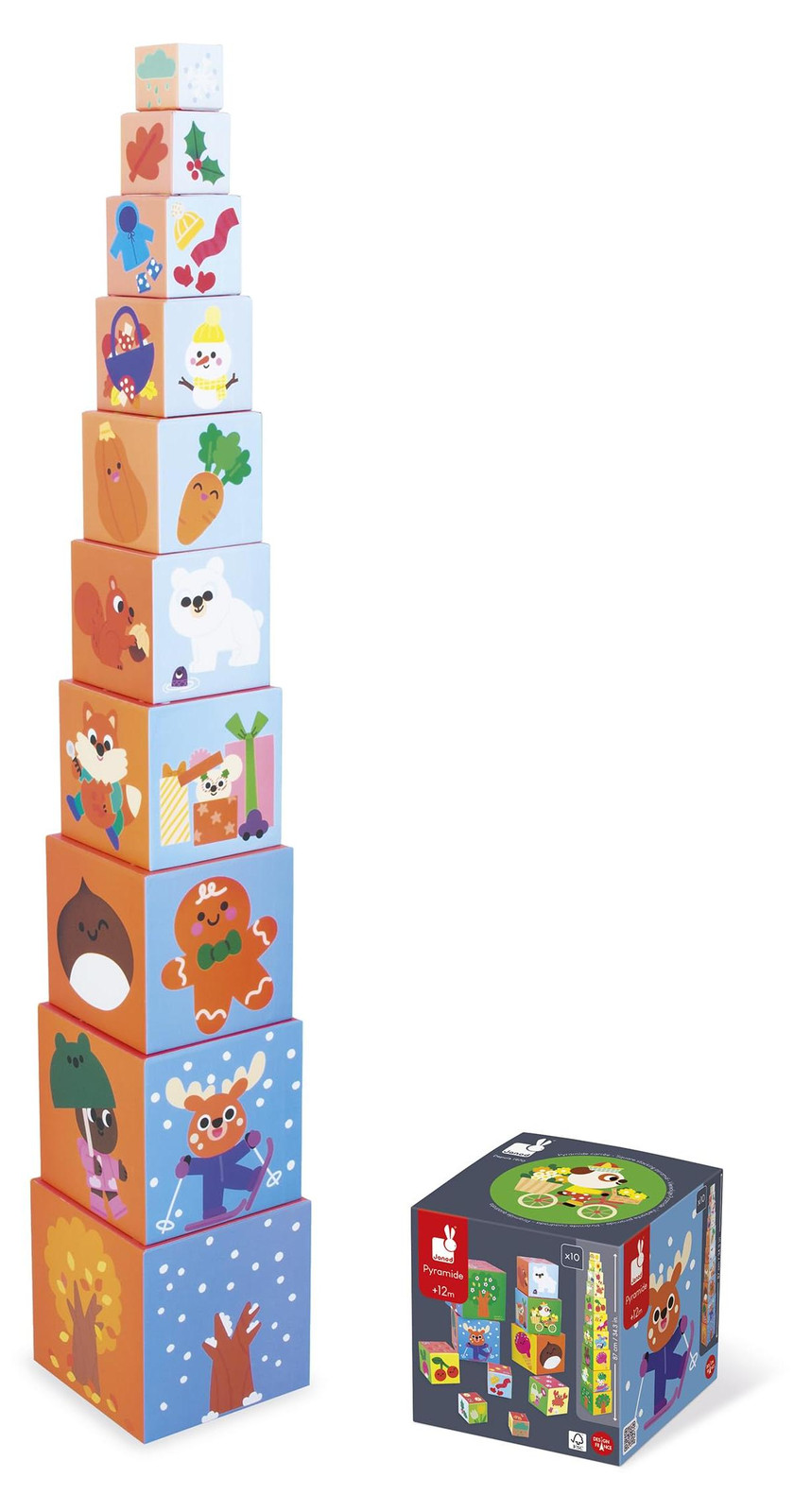 Janod Mijn eerste piramide educatief houten stapelspeelgoed met 10 dobbelstenen voor dieren, fruit, cijfers en seizoenen