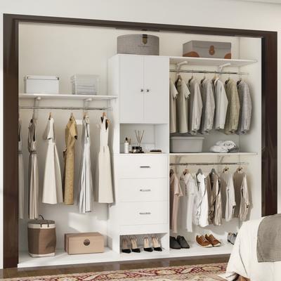 Rackcog 20''-96'' Wide Wooden Closet Organizer With Doors, Adjustable Closet System with Drawers and Hanging Rods