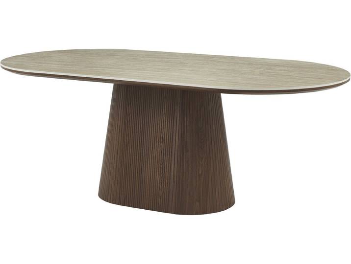 Table à manger ovale en pierre et bois Portofino - 8 places - Travertin et marron