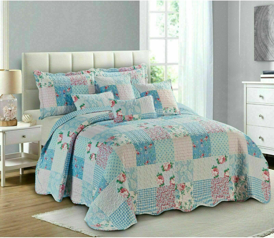 August Grove Poulsen Polyester No Pattern Bedspread with Pillow Shams Included Floral Blue Standard