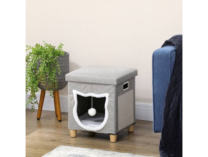PawHut Niche chat interieur maison chat interieur 2 en 1 pied en bois coussin amovible lavable balle, 35,5x35,5x42,5cm, gris