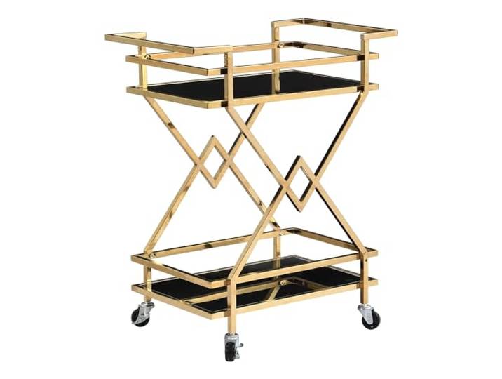FineBuy Servierwagen 65x40x80 cm Schwarz Gold mit Glasablagen Barwagen auf Rollen mit Feststellbremse, Getränkewagen und Teewagen aus Metall, mobiler Beistelltisch