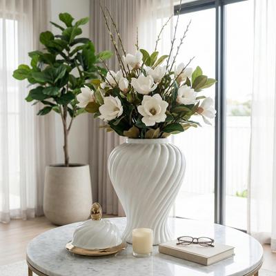 "Sagebrook Home Ceramic 20"" Swirl Temple Jar, White/Gold, Cylinder, 20""H, Swirl - 11"" x 11"" x 20"""