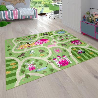 Kinderteppich PACO HOME "Bino 560", grün, B:160cm H:4mm L:220cm, Polyester, Teppiche, Kinderteppich, Kurzflor, Straßen-Spiel-Teppich, Motiv Bauernhof, Kinderzimmer