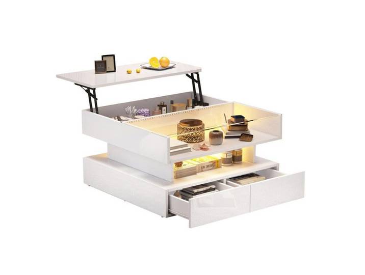 Table basse brillante 80x80x45cm Table basse réglable en hauteur - espace de rangement caché et 2 tiroirs avec éclairage LED blanc